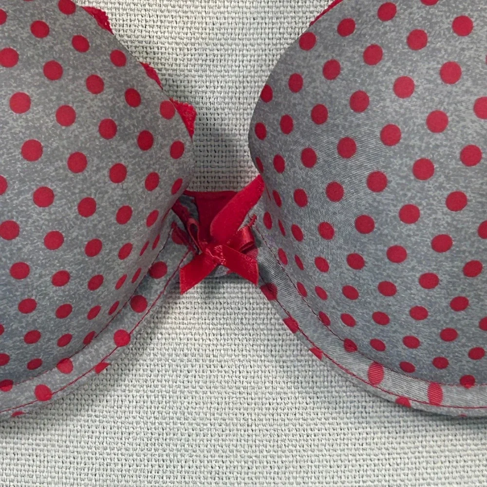 Victorias Secret Push-Up Bra 34C Gray Red Polka Dot Lace Trim Underwire Padded